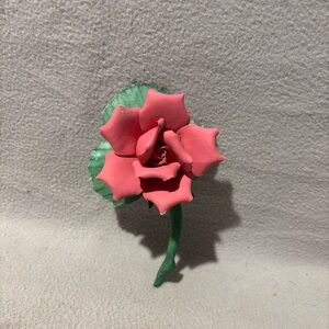 Vintage Capodimonte Ceramic Pink Rose with Green Stem Leaves Made in Italy